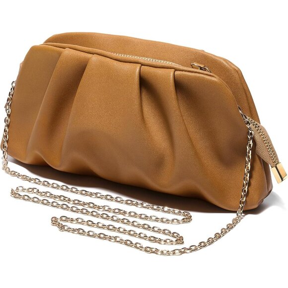 ⚡Women\'s Soft Pleated Vegan Leather Zipper Closure Evening Brown Clutch Bag
